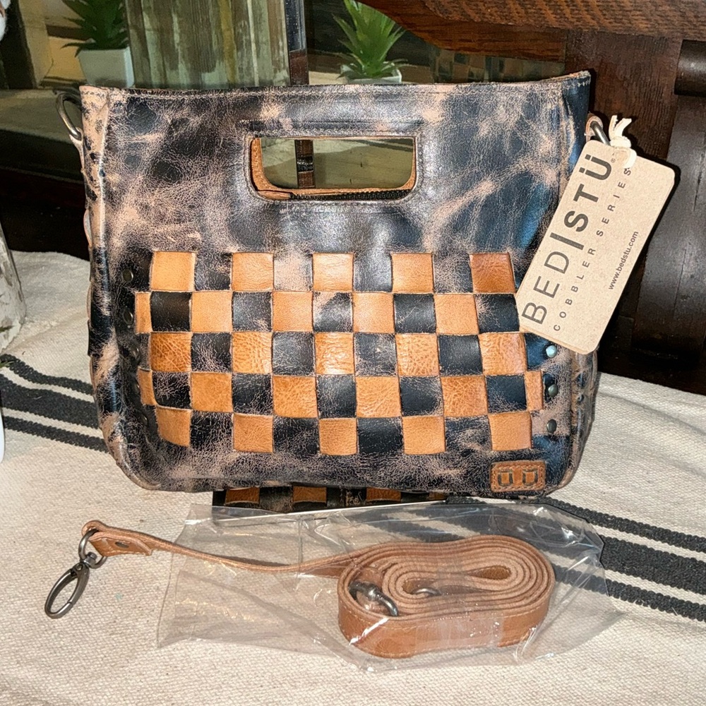 Bed Stu Two-Tone Woven Leather Crossbody - Black & Tan
